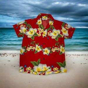 Alvish Women’s Hawaiian Shirt Blouse Sz S Red with Yellow Hibiscus Enjoy Life